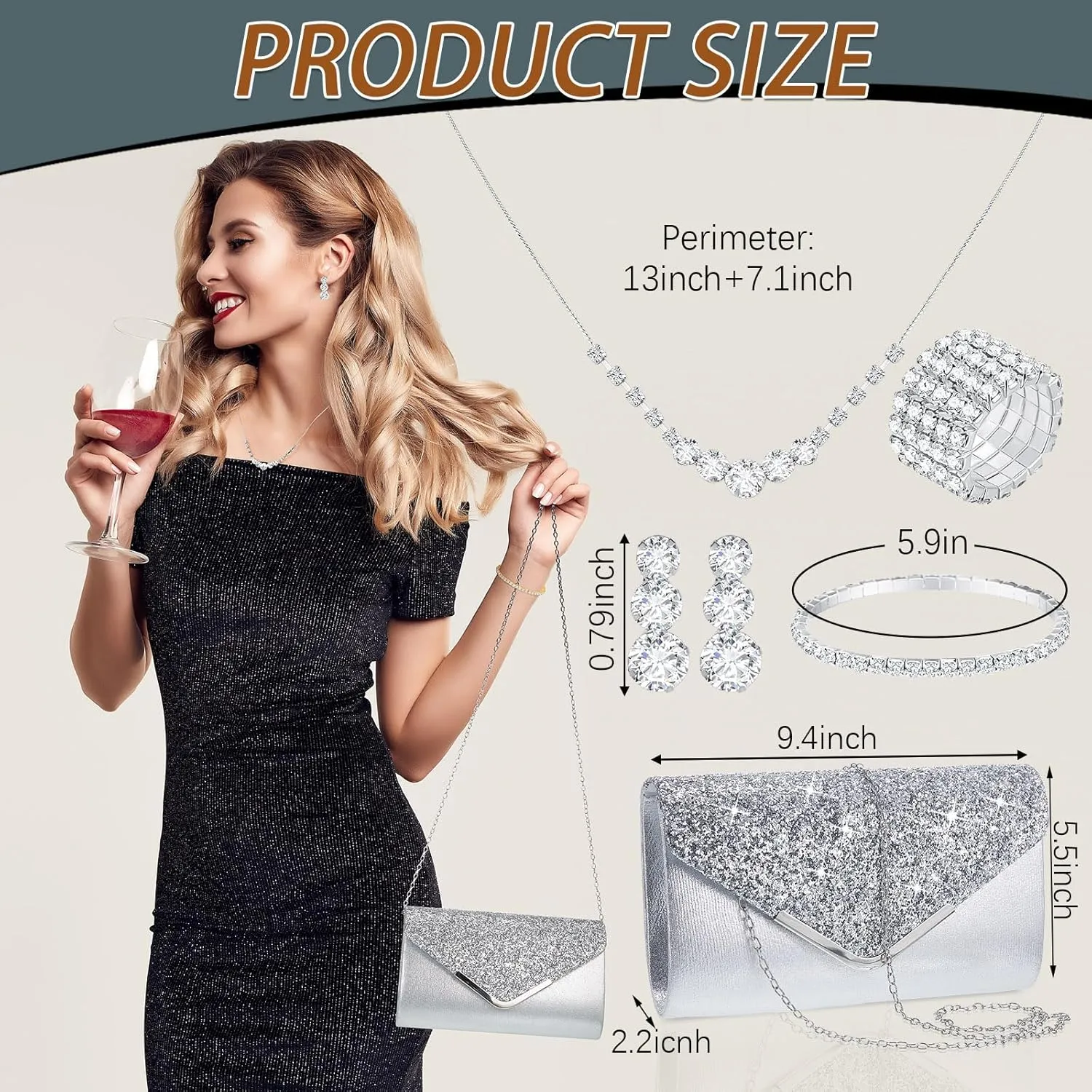 Henoyso 5 Pcs Rhinestone Jewelry Set Prom Jewelry Rhinestone Clutch Purse Necklace Earrings Bracelets for Bride Women Evening Party Wedding