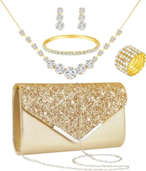 Henoyso 5 Pcs Rhinestone Jewelry Set Prom Jewelry Rhinestone Clutch Purse Necklace Earrings Bracelets for Bride Women Evening Party Wedding