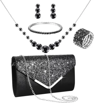 Henoyso 5 Pcs Rhinestone Jewelry Set Prom Jewelry Rhinestone Clutch Purse Necklace Earrings Bracelets for Bride Women Evening Party Wedding