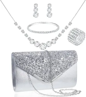 Henoyso 5 Pcs Rhinestone Jewelry Set Prom Jewelry Rhinestone Clutch Purse Necklace Earrings Bracelets for Bride Women Evening Party Wedding