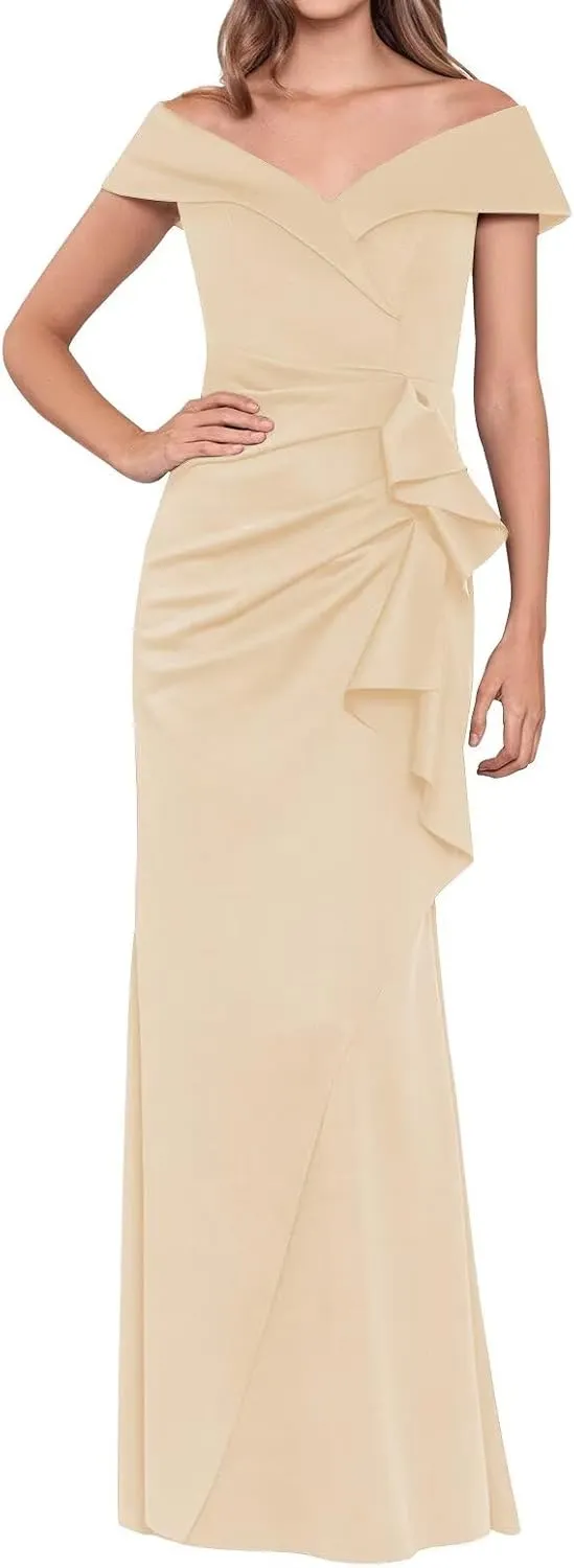 HEWEIGUI Satin Mother of Bride Dress 2025 Off Shoulder Mermaid Ruched Formal Evening Party Gowns WHC085