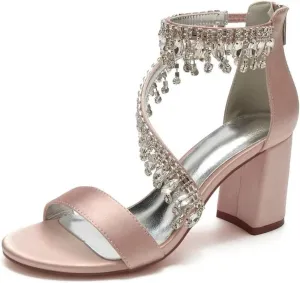 High Block Heel Wedding Shoes Open Toe Women Heeled Sandals Rhinestones Bride Chunky Heels