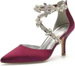 High Heels Wedding Shoes for Bride Pointed Toe Satin Crystals Formal Party Dress Pumps Women 602-7