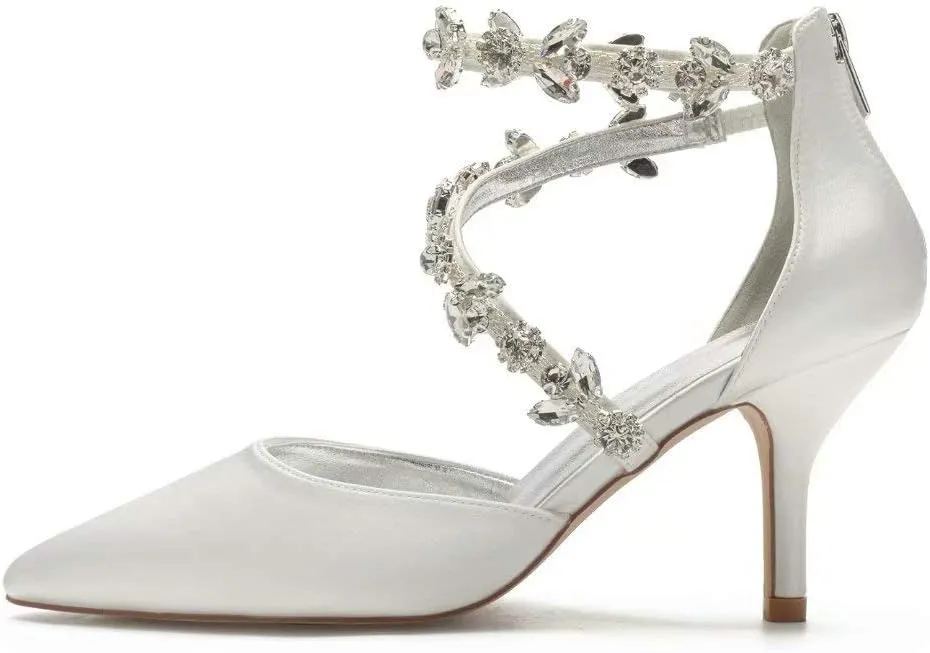 High Heels Wedding Shoes for Bride Pointed Toe Satin Crystals Formal Party Dress Pumps Women 602-7