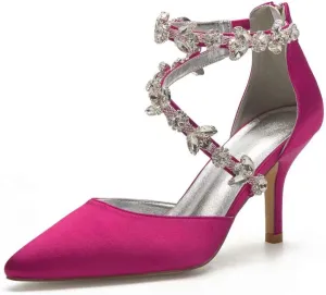 High Heels Wedding Shoes for Bride Pointed Toe Satin Crystals Formal Party Dress Pumps Women 602-7