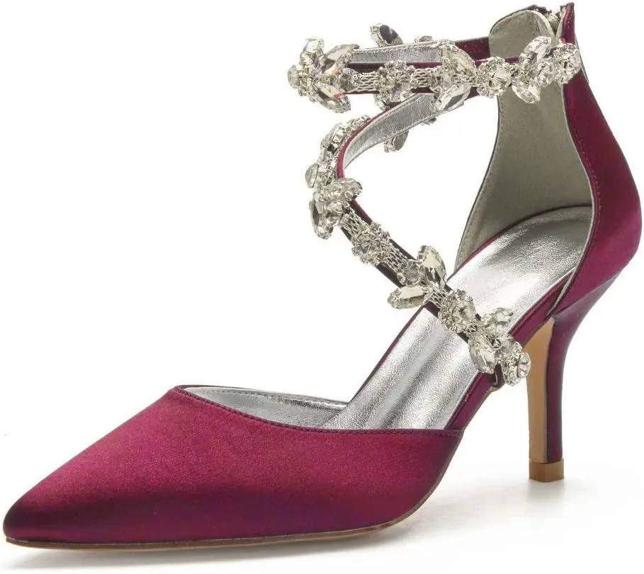 High Heels Wedding Shoes for Bride Pointed Toe Satin Crystals Formal Party Dress Pumps Women 602-7