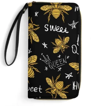 Honey Bee Queen Golden Wings Insect Women's Wallet Long Clutch Purse with Wristlet Strap Zipper Phone Handbag