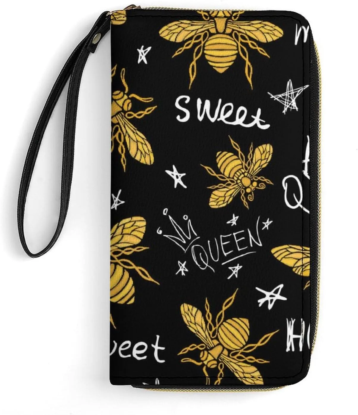 Honey Bee Queen Golden Wings Insect Women's Wallet Long Clutch Purse with Wristlet Strap Zipper Phone Handbag