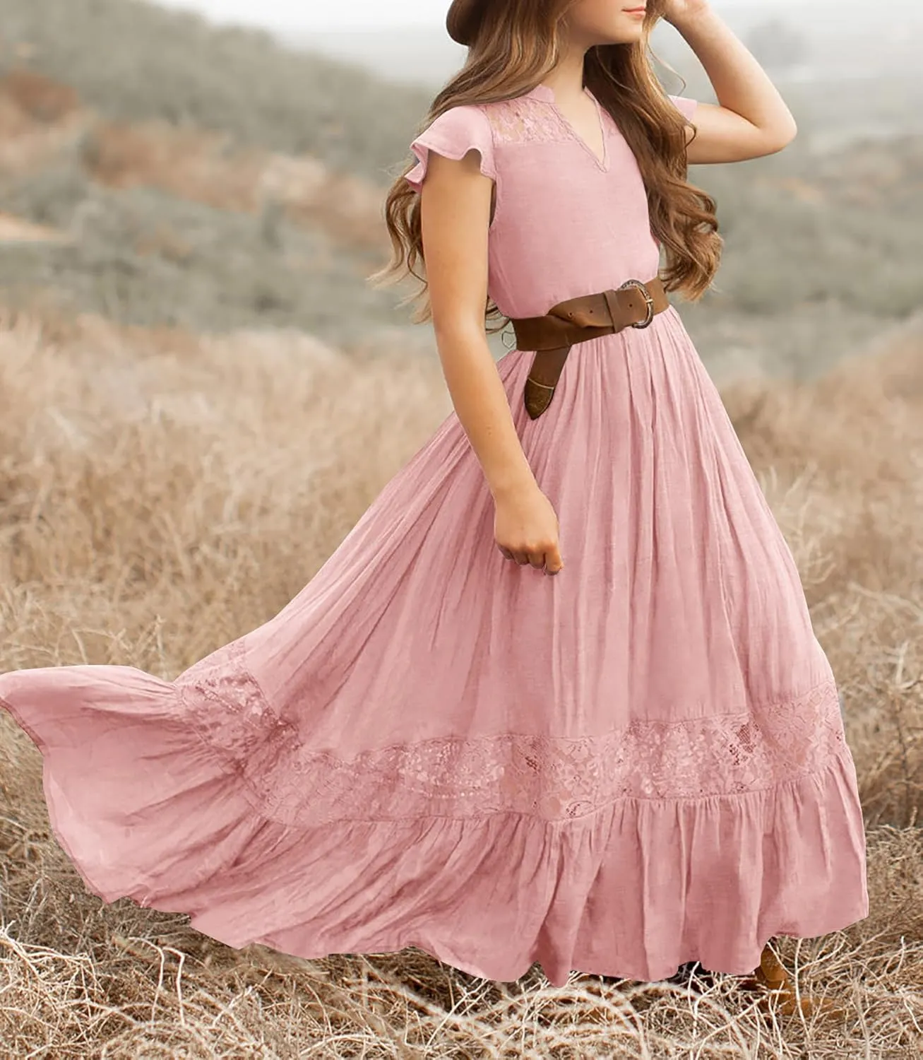HOSIKA Girls Elegant Lace Ruffle Sleeve A-Line Formal Wedding Party Flower Girl Dress 6-12 Years