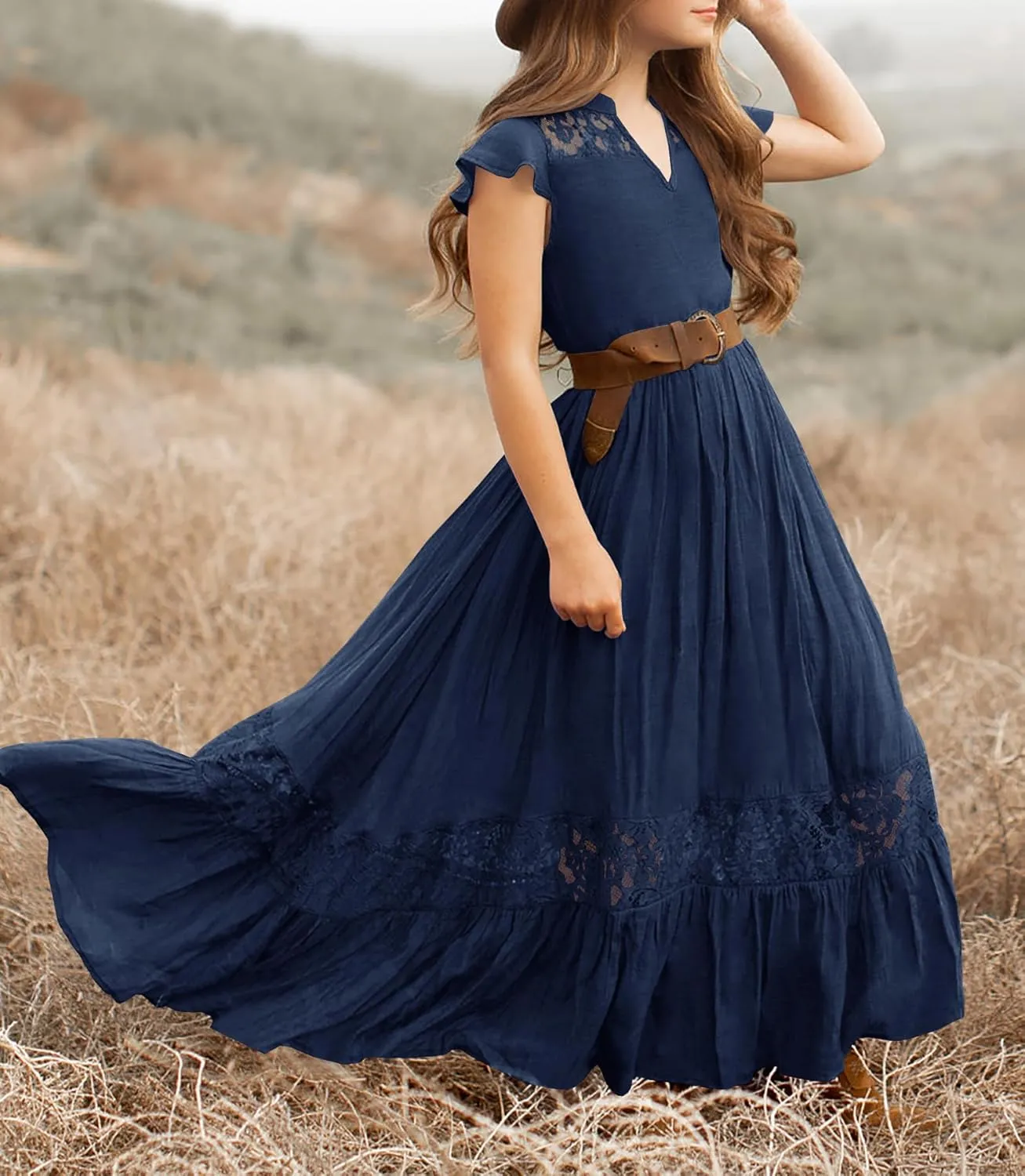 HOSIKA Girls Elegant Lace Ruffle Sleeve A-Line Formal Wedding Party Flower Girl Dress 6-12 Years