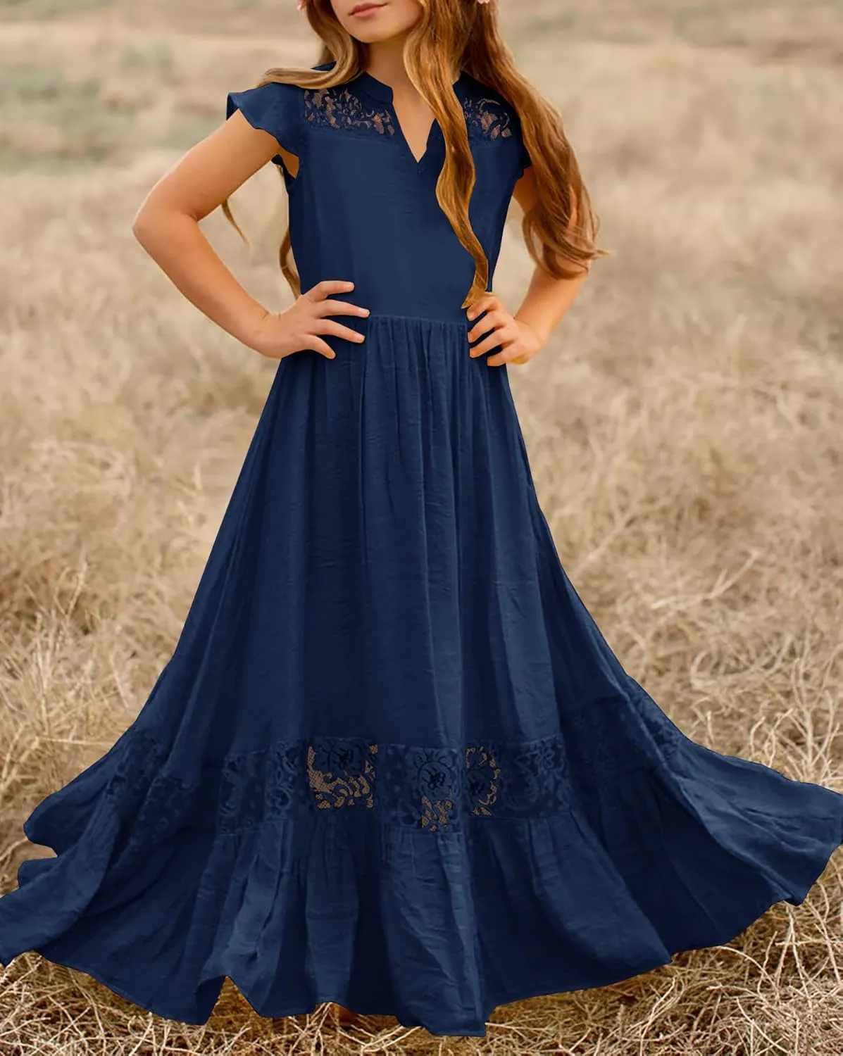 HOSIKA Girls Elegant Lace Ruffle Sleeve A-Line Formal Wedding Party Flower Girl Dress 6-12 Years