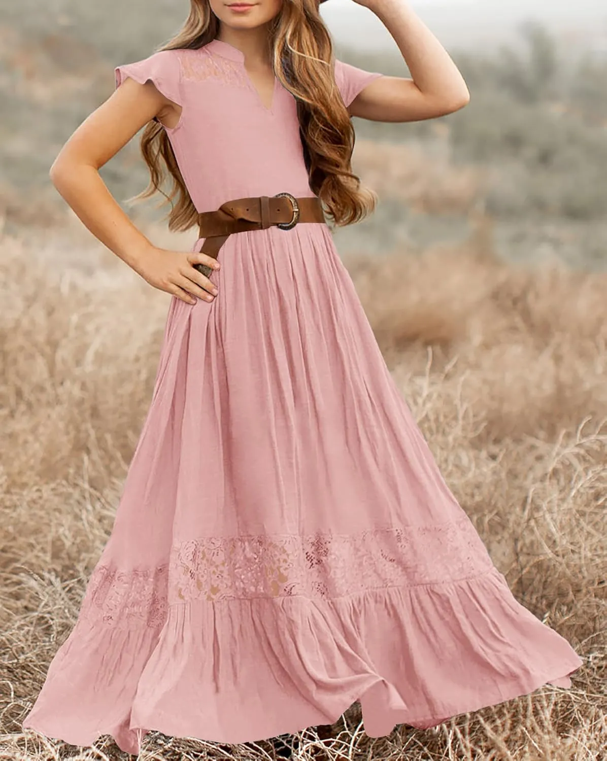 HOSIKA Girls Elegant Lace Ruffle Sleeve A-Line Formal Wedding Party Flower Girl Dress 6-12 Years