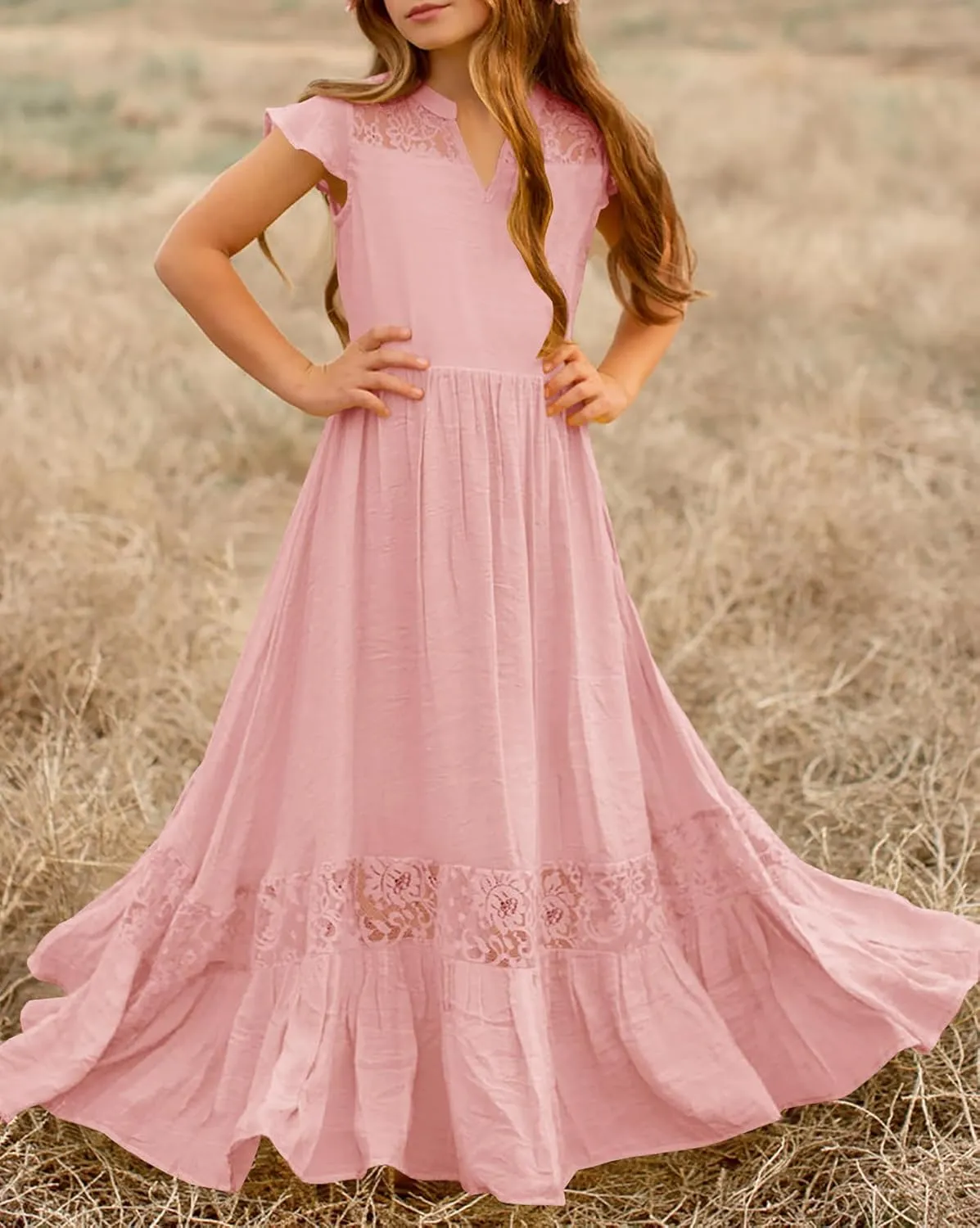 HOSIKA Girls Elegant Lace Ruffle Sleeve A-Line Formal Wedding Party Flower Girl Dress 6-12 Years