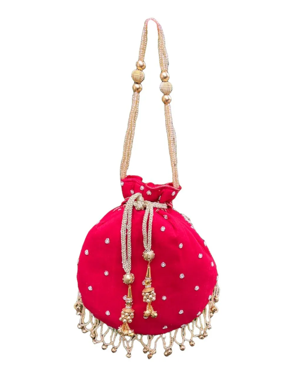 Hot Pink Silk Hand Potli Bag Purse With Handwork And Tassels