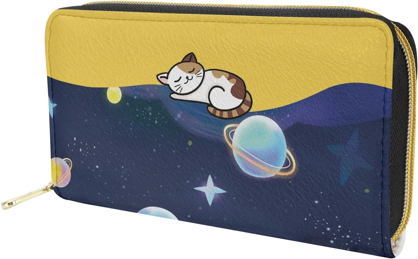 Howilath Cat Space Planet Printed Women Long Pu Leather Wallet with Multiple Slots Fashion Casual Travel Clutch Purses