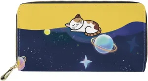 Howilath Cat Space Planet Printed Women Long Pu Leather Wallet with Multiple Slots Fashion Casual Travel Clutch Purses