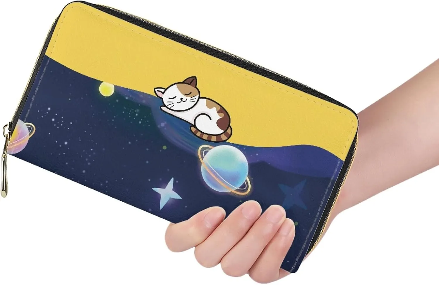 Howilath Cat Space Planet Printed Women Long Pu Leather Wallet with Multiple Slots Fashion Casual Travel Clutch Purses