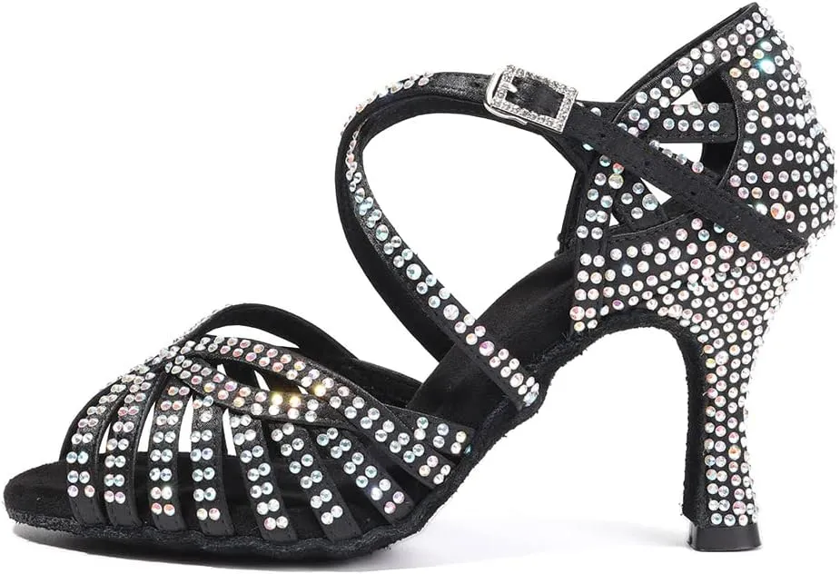 HROYL Women Rhinestone Ballroom Dance Shoes Latin Salsa Practice Performance Dance Shoes YCL380
