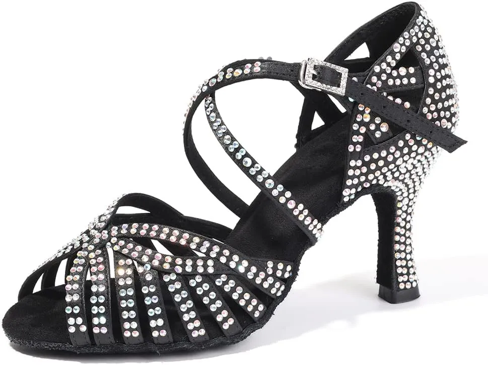 HROYL Women Rhinestone Ballroom Dance Shoes Latin Salsa Practice Performance Dance Shoes YCL380