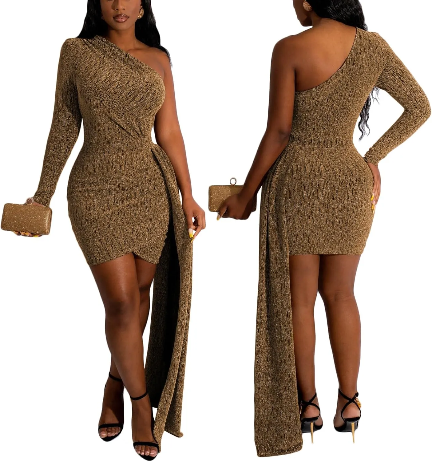 HugeNice Women's Sexy Deep V Neck Bodycon Mini Dresses Casual Long Sleeve Wrap Club Cocktail Party Short Dress