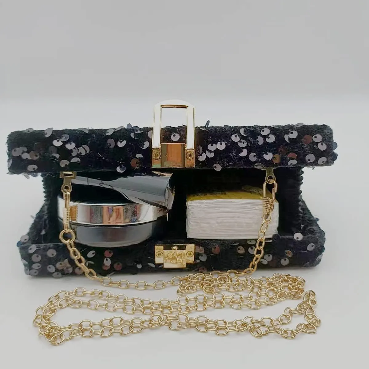 IAMUHI Small Sequins Clutch Purse Top Handle Evening Handbag Mini Square Shoulder Crossbody Bag