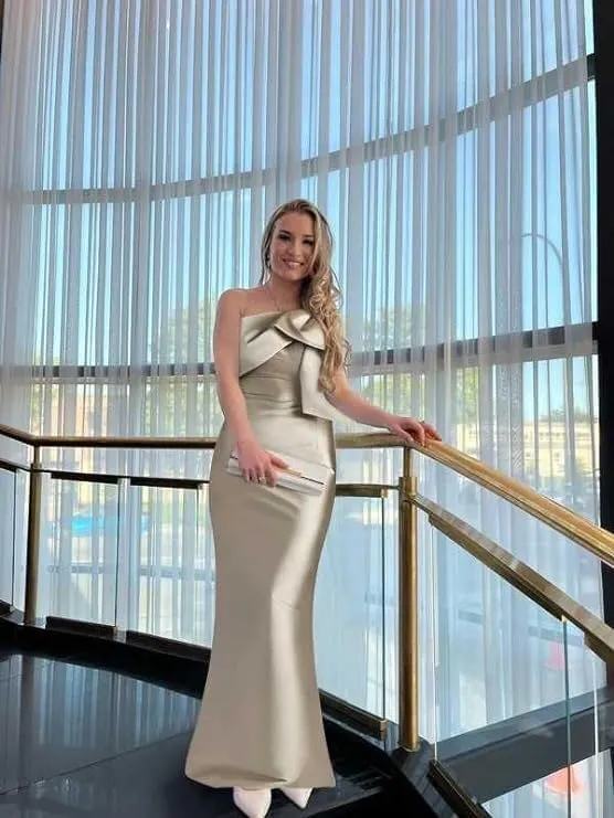 IIF One Shoulder Bow Prom Dress for Women Mermaid Satin Formal Dresses Long Bodycon Evening Cocktail Gowns IIF043