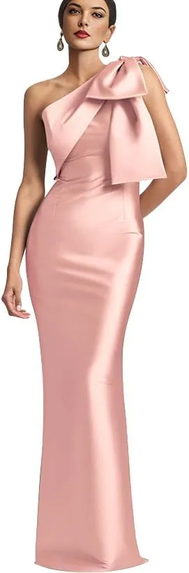 IIF One Shoulder Bow Prom Dress for Women Mermaid Satin Formal Dresses Long Bodycon Evening Cocktail Gowns IIF043