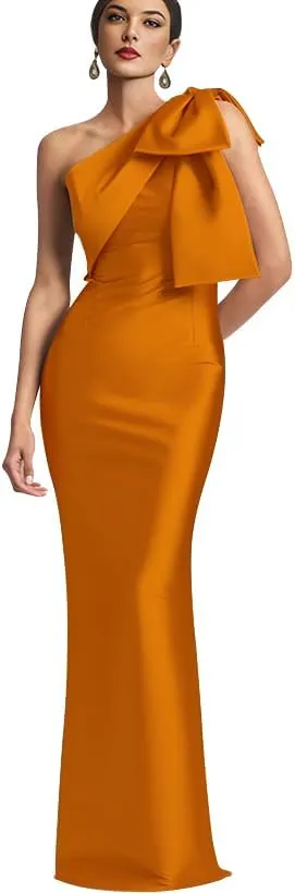 IIF One Shoulder Bow Prom Dress for Women Mermaid Satin Formal Dresses Long Bodycon Evening Cocktail Gowns IIF043