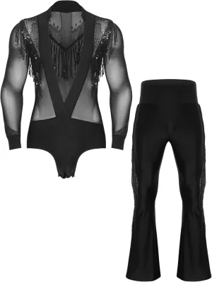iiniim Men Glittery Samba Jazz Latin Dance Leotard with Tassel Pants Ballroom Dancewear Figure Skating Set