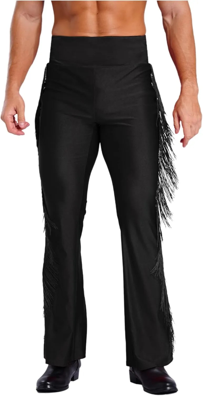 iiniim Men Glittery Samba Jazz Latin Dance Leotard with Tassel Pants Ballroom Dancewear Figure Skating Set