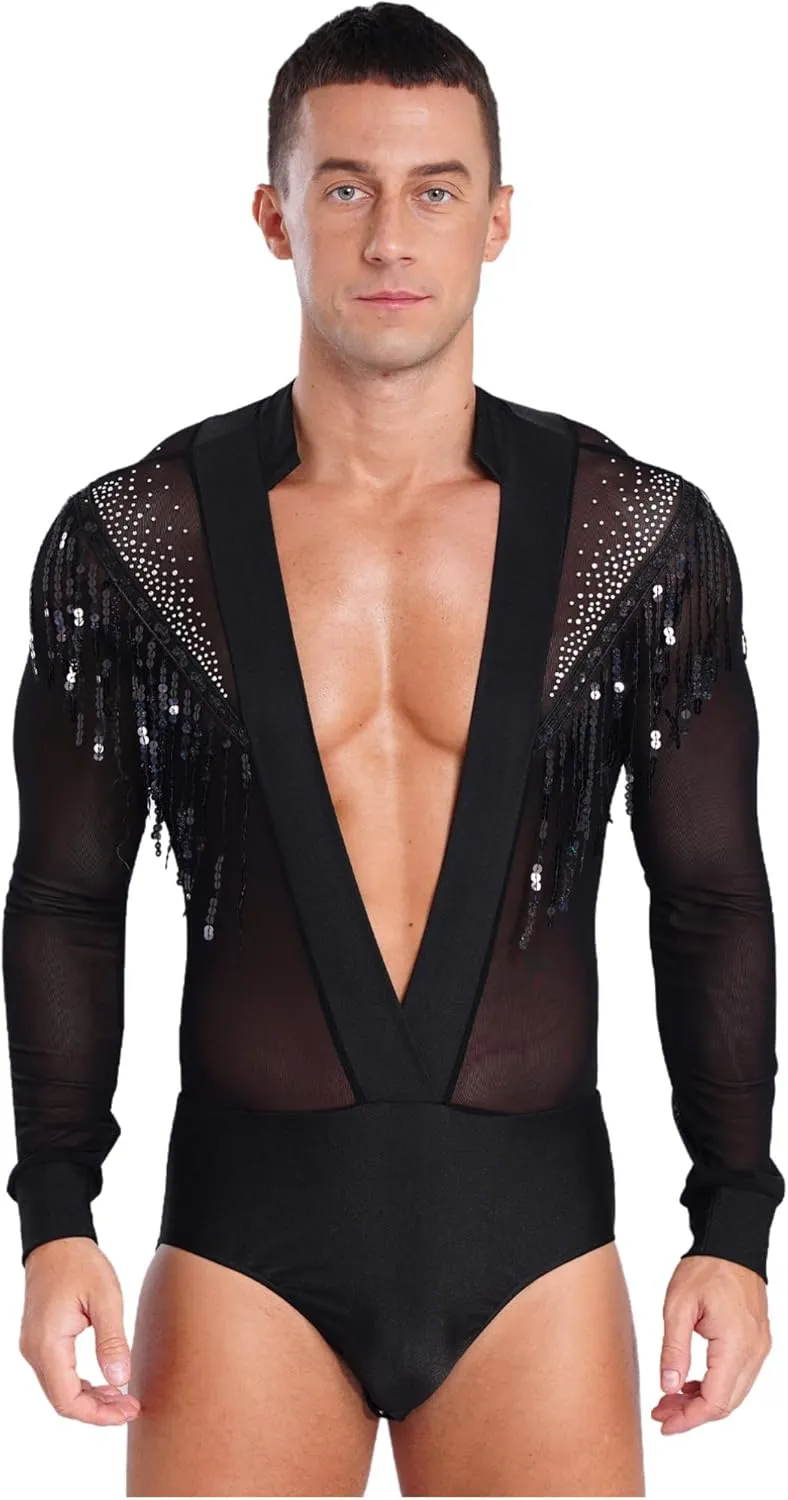 iiniim Men Glittery Samba Jazz Latin Dance Leotard with Tassel Pants Ballroom Dancewear Figure Skating Set