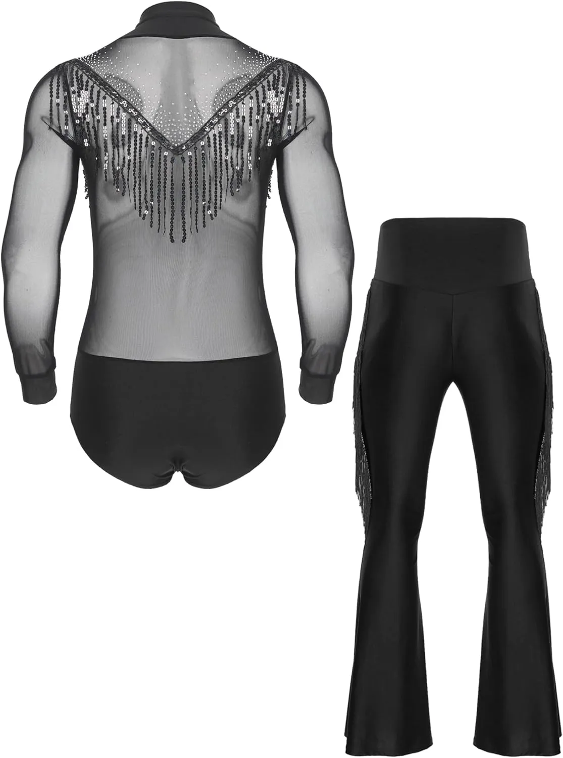 iiniim Men Glittery Samba Jazz Latin Dance Leotard with Tassel Pants Ballroom Dancewear Figure Skating Set