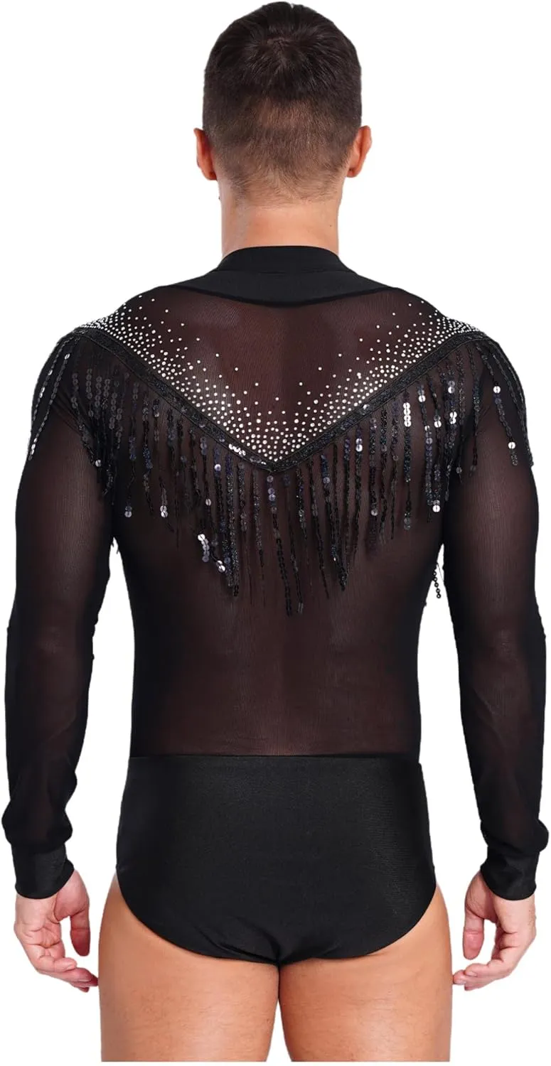 iiniim Men Glittery Samba Jazz Latin Dance Leotard with Tassel Pants Ballroom Dancewear Figure Skating Set