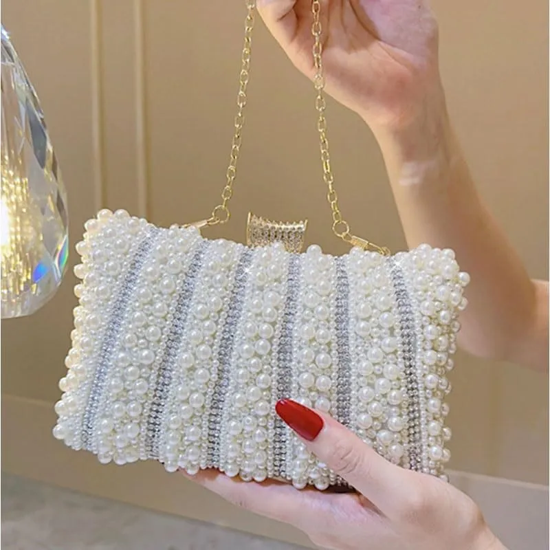 Imitation Pearl White Clutch Purses Women's Versatile Evening Bag