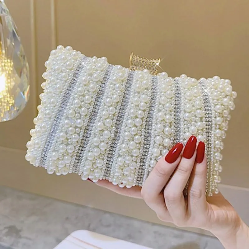 Imitation Pearl White Clutch Purses Women's Versatile Evening Bag