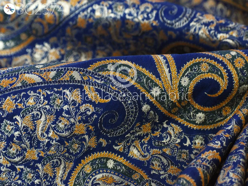 Indian Blue Brocade by the Yard Banarasi Wedding Dresses Material Sewing Lehenga Skirt Men Vests Jackets Costumes Curtain Upholstery craft