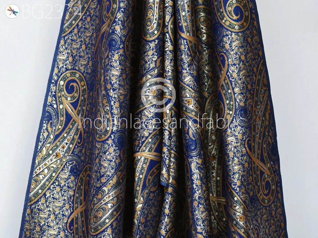 Indian Blue Brocade by the Yard Banarasi Wedding Dresses Material Sewing Lehenga Skirt Men Vests Jackets Costumes Curtain Upholstery craft