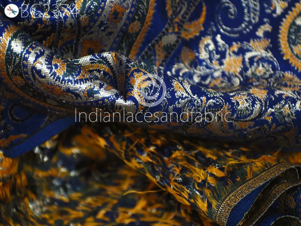 Indian Blue Brocade by the Yard Banarasi Wedding Dresses Material Sewing Lehenga Skirt Men Vests Jackets Costumes Curtain Upholstery craft