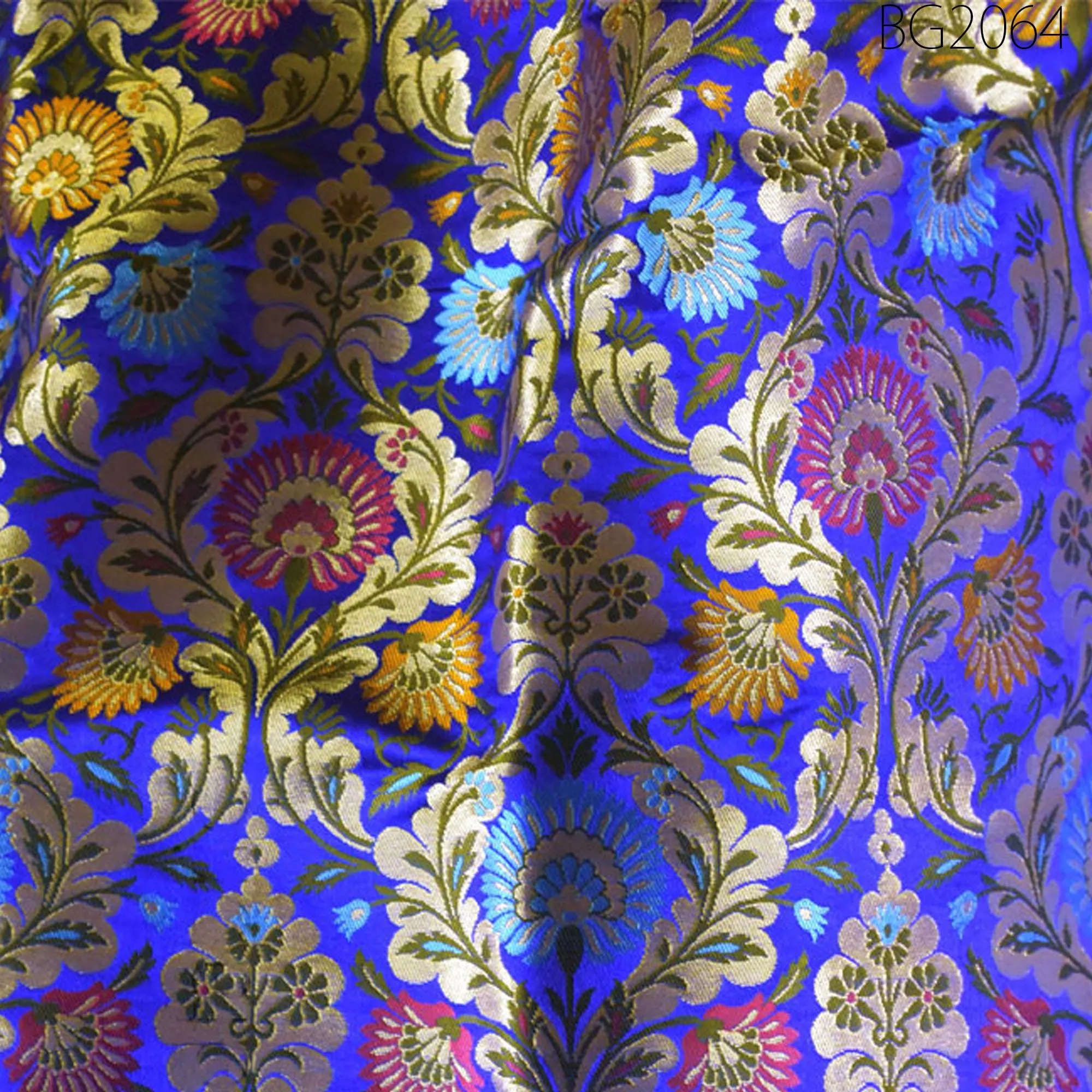 Indian Blue Silk Brocade by the Yard Wedding Dress Jacket Banarasi Costume Material Sewing Crafting Blouses Curtain Upholstery Furnishing