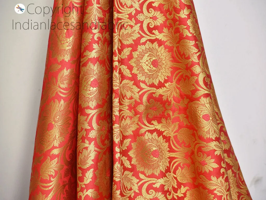 Indian Brocade Fabric by the Yard Banarasi Coral Red Gold Bridal Lehenga Wedding Dress Blended Silk Costumes Home Decor Upholstery Curtains