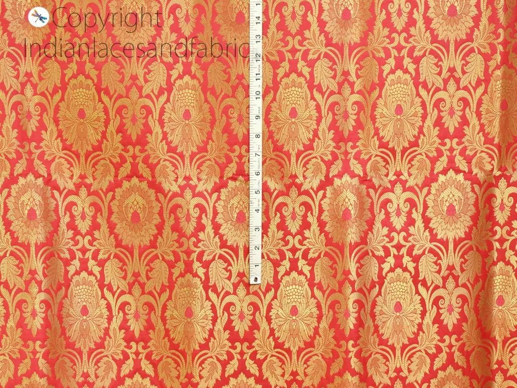 Indian Brocade Fabric by the Yard Banarasi Coral Red Gold Bridal Lehenga Wedding Dress Blended Silk Costumes Home Decor Upholstery Curtains