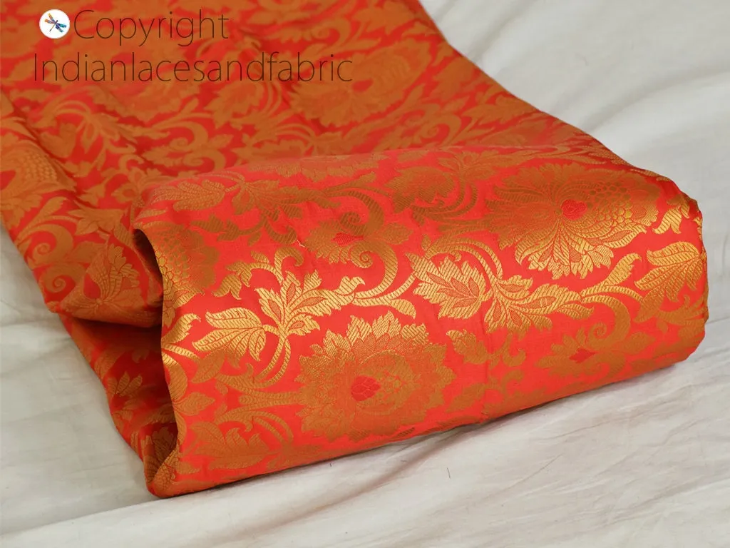 Indian Brocade Fabric by the Yard Banarasi Coral Red Gold Bridal Lehenga Wedding Dress Blended Silk Costumes Home Decor Upholstery Curtains