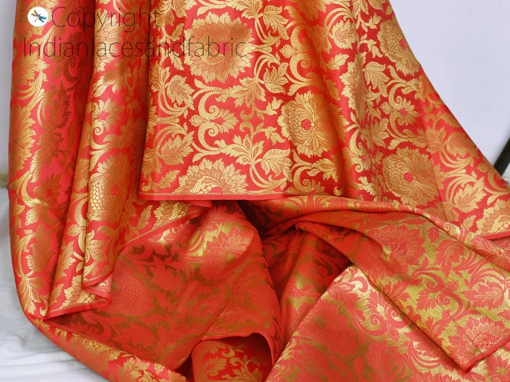 Indian Brocade Fabric by the Yard Banarasi Coral Red Gold Bridal Lehenga Wedding Dress Blended Silk Costumes Home Decor Upholstery Curtains