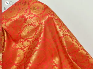 Indian Brocade Fabric by the Yard Banarasi Coral Red Gold Bridal Lehenga Wedding Dress Blended Silk Costumes Home Decor Upholstery Curtains