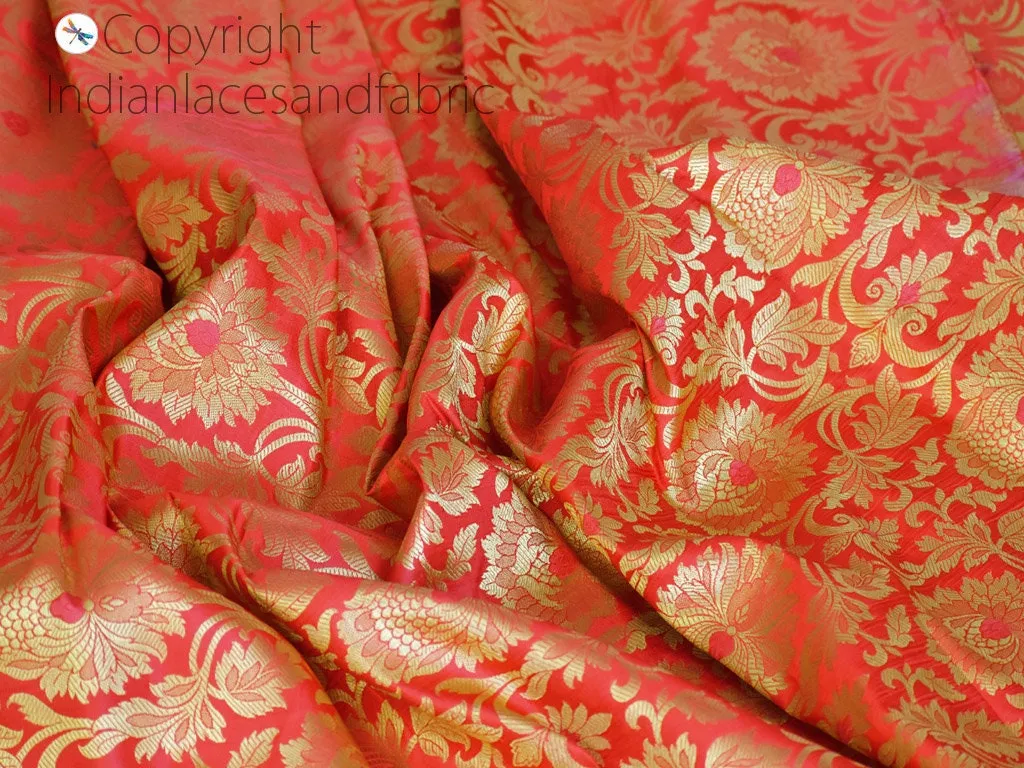 Indian Brocade Fabric by the Yard Banarasi Coral Red Gold Bridal Lehenga Wedding Dress Blended Silk Costumes Home Decor Upholstery Curtains