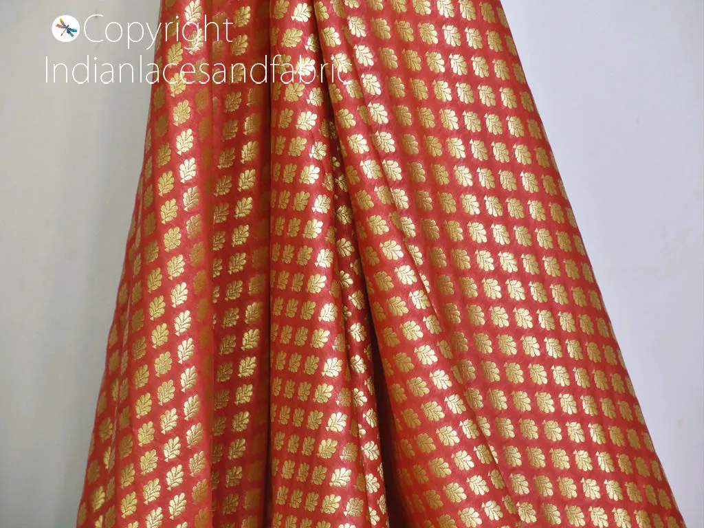 Indian Coral Sewing Brocade By The Yard Fabric Party Wear Lehenga Material Banarasi DIY Crafting Costume Cushion Covers Table Runner Accessories Curtains Clutches Home Décor Fabric