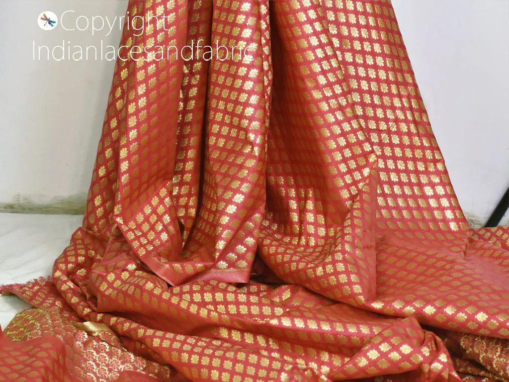 Indian Coral Sewing Brocade By The Yard Fabric Party Wear Lehenga Material Banarasi DIY Crafting Costume Cushion Covers Table Runner Accessories Curtains Clutches Home Décor Fabric