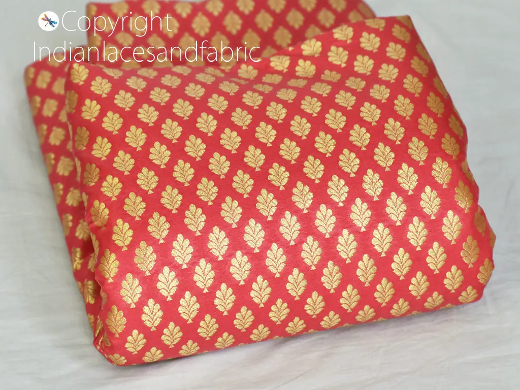 Indian Coral Sewing Brocade By The Yard Fabric Party Wear Lehenga Material Banarasi DIY Crafting Costume Cushion Covers Table Runner Accessories Curtains Clutches Home Décor Fabric