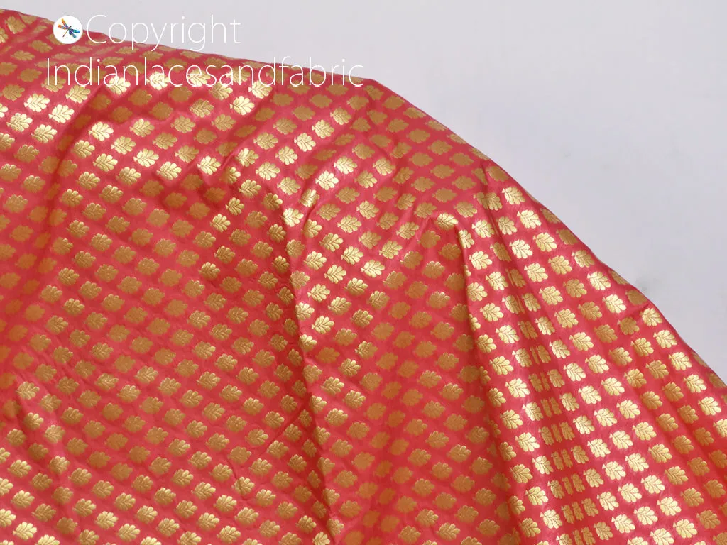 Indian Coral Sewing Brocade By The Yard Fabric Party Wear Lehenga Material Banarasi DIY Crafting Costume Cushion Covers Table Runner Accessories Curtains Clutches Home Décor Fabric