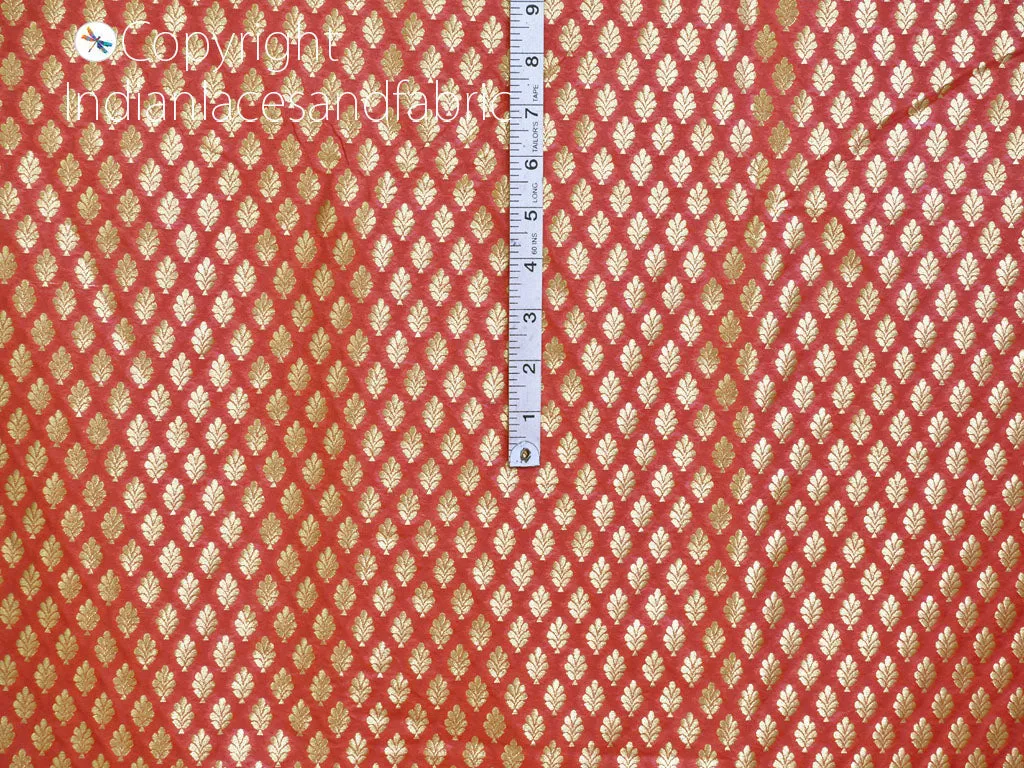 Indian Coral Sewing Brocade By The Yard Fabric Party Wear Lehenga Material Banarasi DIY Crafting Costume Cushion Covers Table Runner Accessories Curtains Clutches Home Décor Fabric
